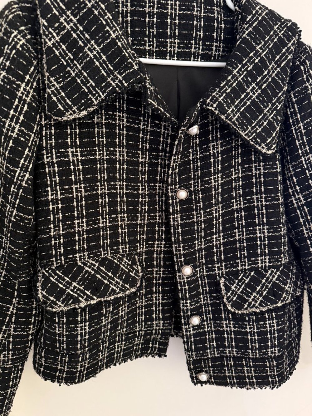 Black & Cream Tweed Jacket Pearl Buttons | Korean Boutique